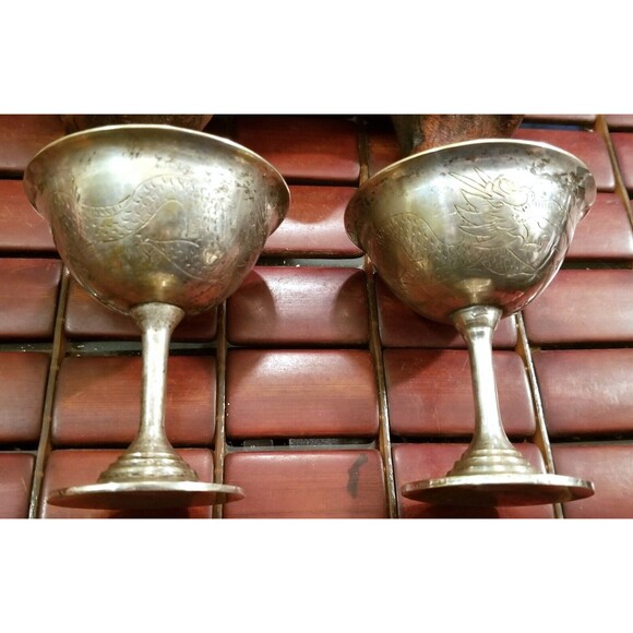 Vintage Pair of Silver Plated Copper Goblets w/ Hand Etched Dragon Motif - Picture 2 of 7